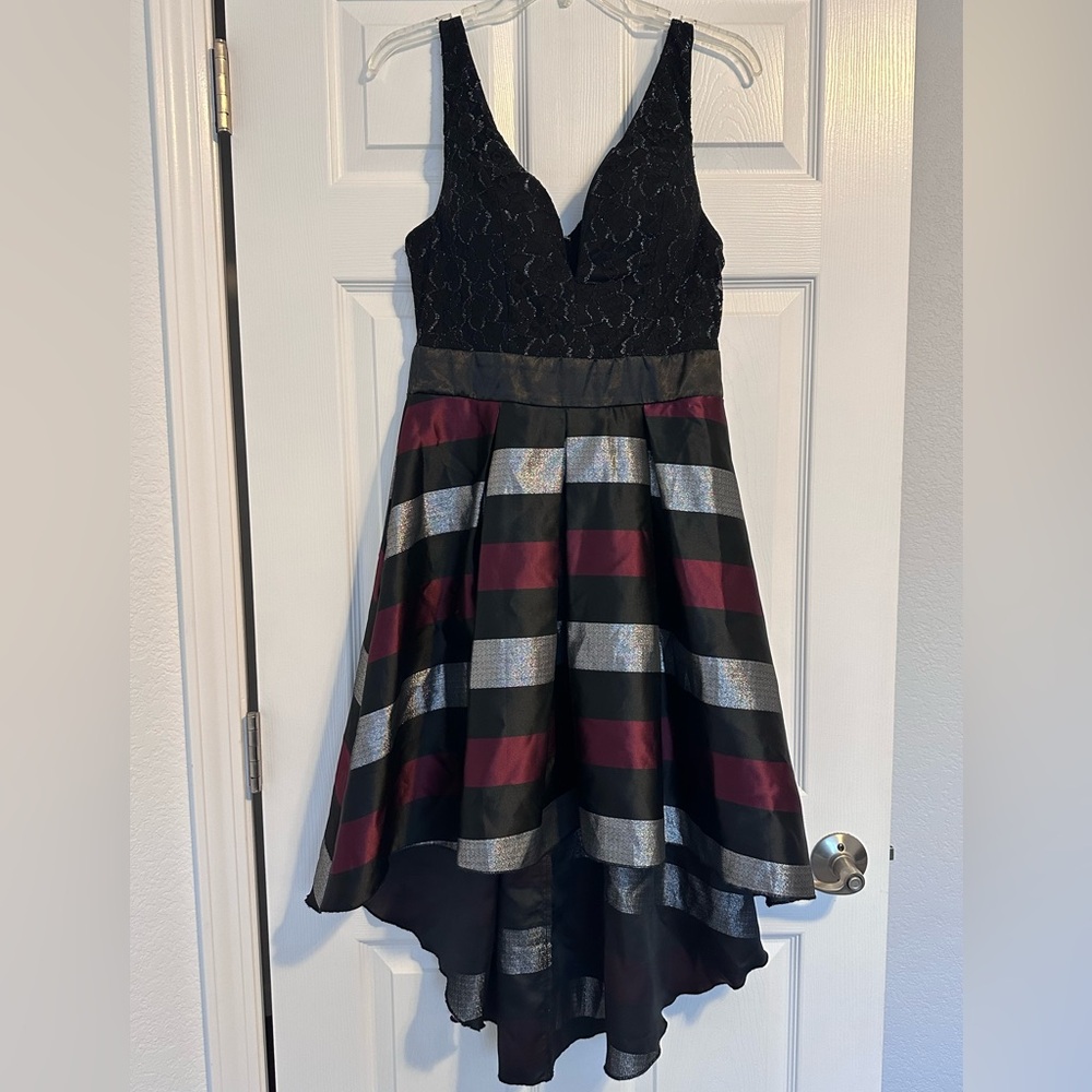 VENUS Black Lace & Striped Metallic High-Low Cocktail Dress